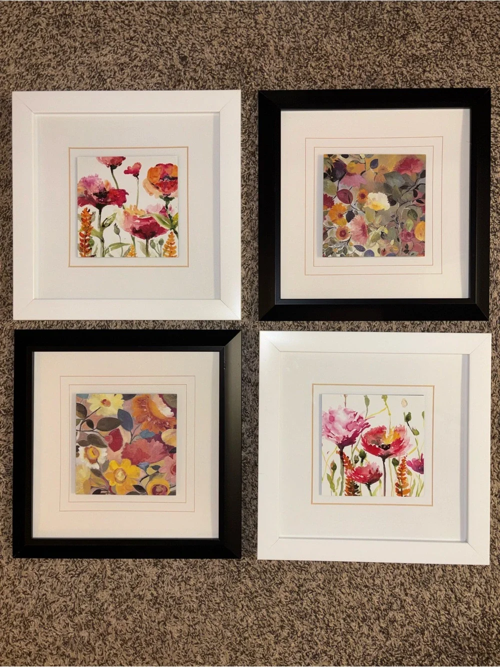 Set of 4 Floral Square Wall Art Prints in Black & White Frames - Ready to Hang